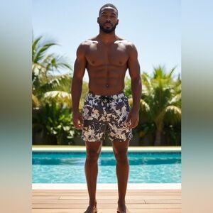 Theory Men's Black and White Abstract Print Swim Shorts Size S Swim Beach Vacay